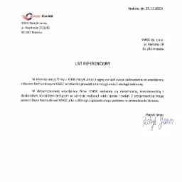 Skan listu referencyjnego od firmy IGNIS CARS dla Biura Rachunkowego KMGC, potwierdzający zadowolenie ze współpracy w zakresie prowadzenia księgowości i obsługi kadrowej, opatrzony datą i podpisem...