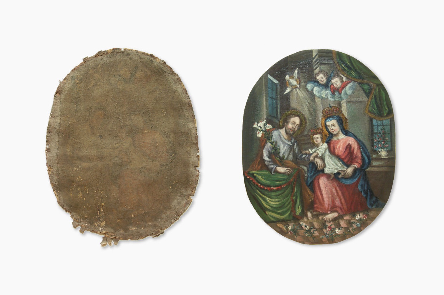 Owalny obraz religijny Świętej Rodziny przed i po konserwacji, widoczne pęknięcia i ubytki warstwy malarskiej na odwrocie.