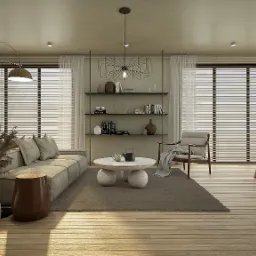 Jasne, przestronne wnętrze salonu z jadalnią, z szarym narożnikiem, okrągłym stolikiem kawowym z ceramicznym serwisem do herbaty, drewnianym stołem jadalnianym i półkami z dekoracjami, oświetlone...