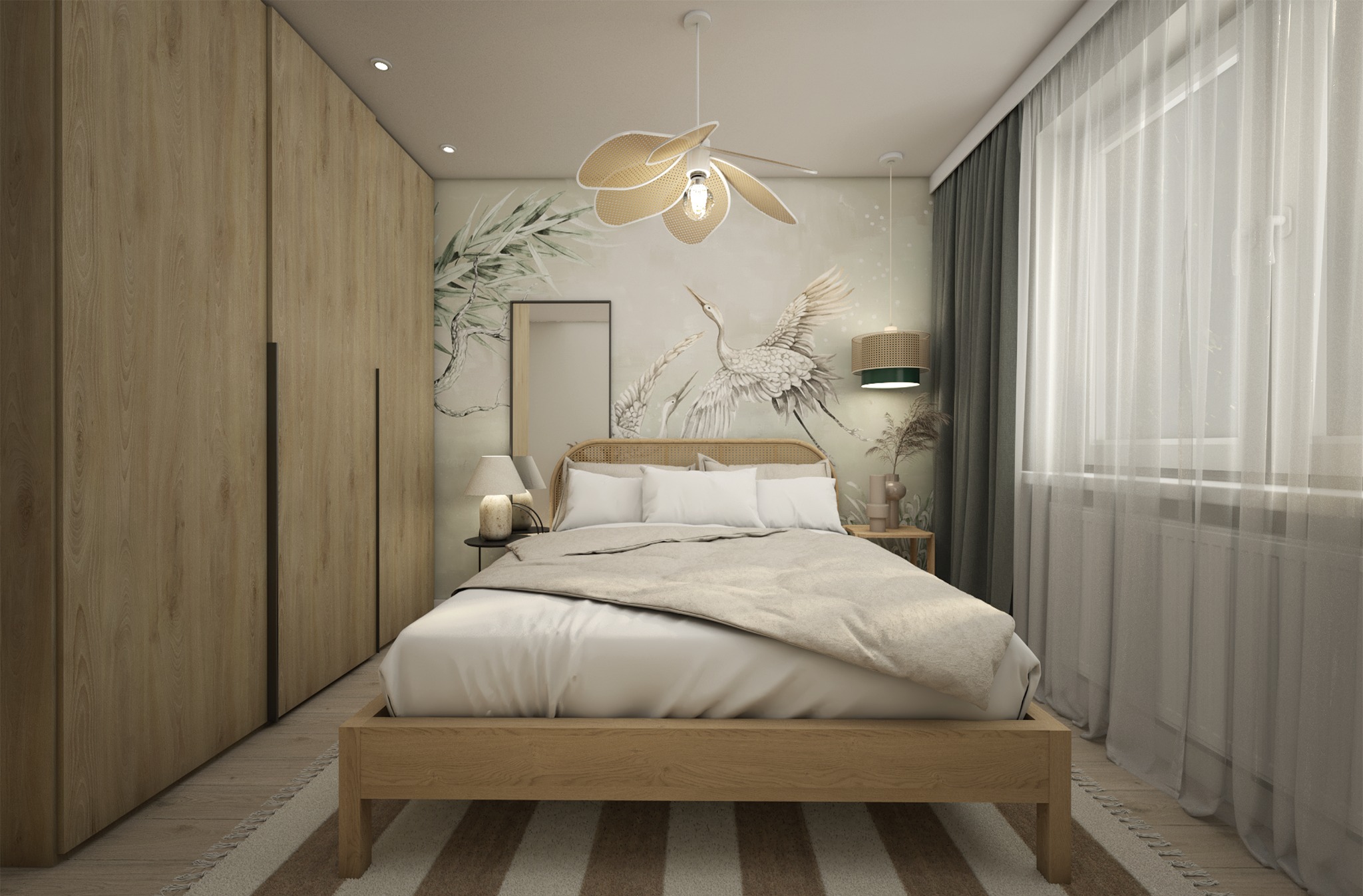 Jasna sypialnia w stylu boho z drewnianym łóżkiem, szafą przesuwną i tapetą z motywem żurawi, oświetlona lampą w kształcie kwiatu i lampką nocną na stoliku.