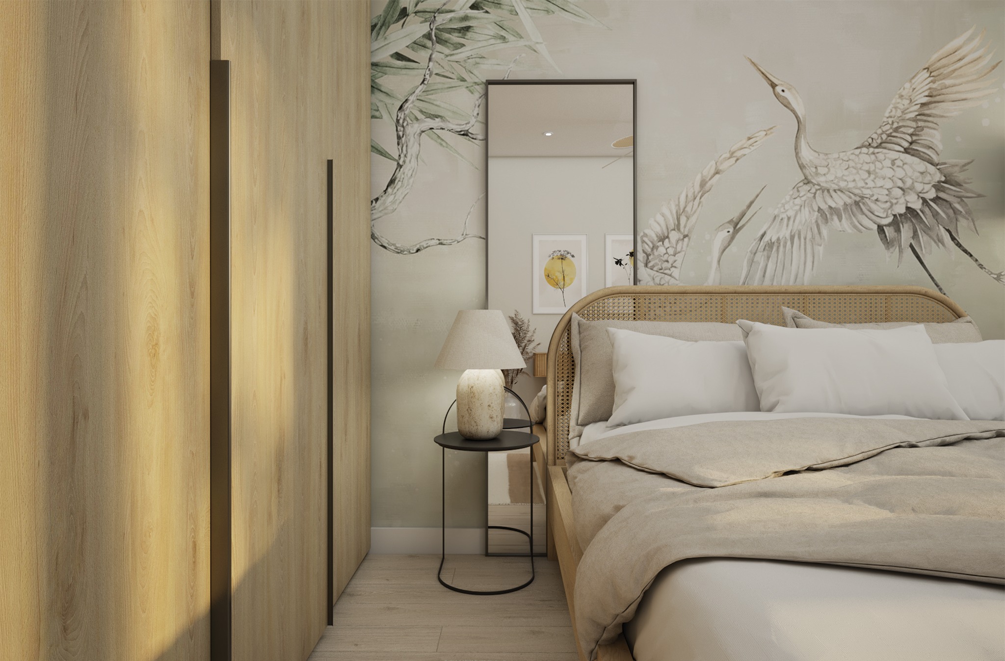 Sypialnia w neutralnych barwach z drewnianą szafą, łóżkiem z rattanowym zagłówkiem i tapetą z motywem żurawi