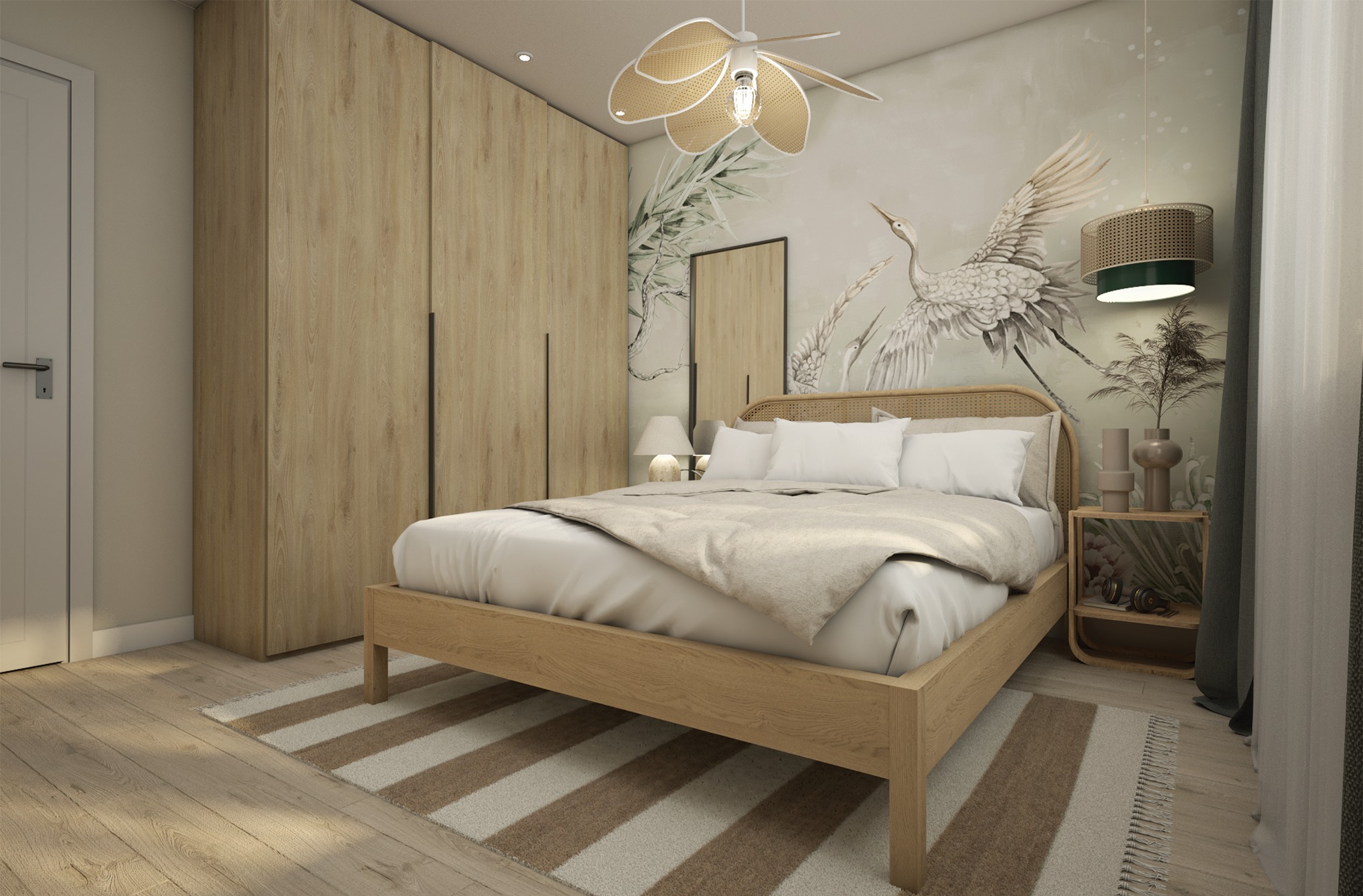 Jasna sypialnia w stylu boho z drewnianym łóżkiem, szafą i lampą z motywem ptaków na tapecie.