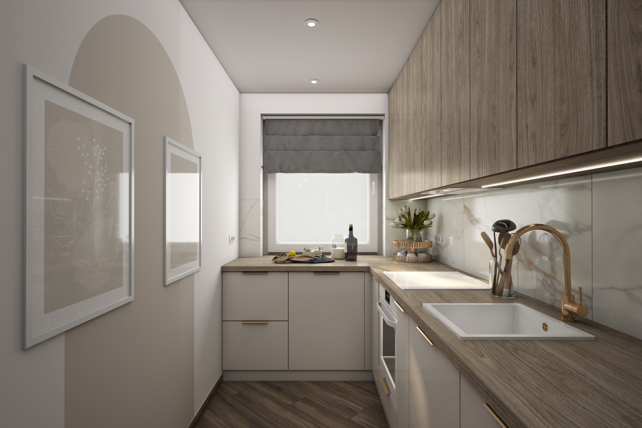Wizualizacja małej kuchni w stylu minimalistycznym z drewnianym blatem, białymi szafkami z poziomymi uchwytami, złotą baterią, marmurową ścianą i oknem z szarą roletą rzymską, z dekoracyjnymi...