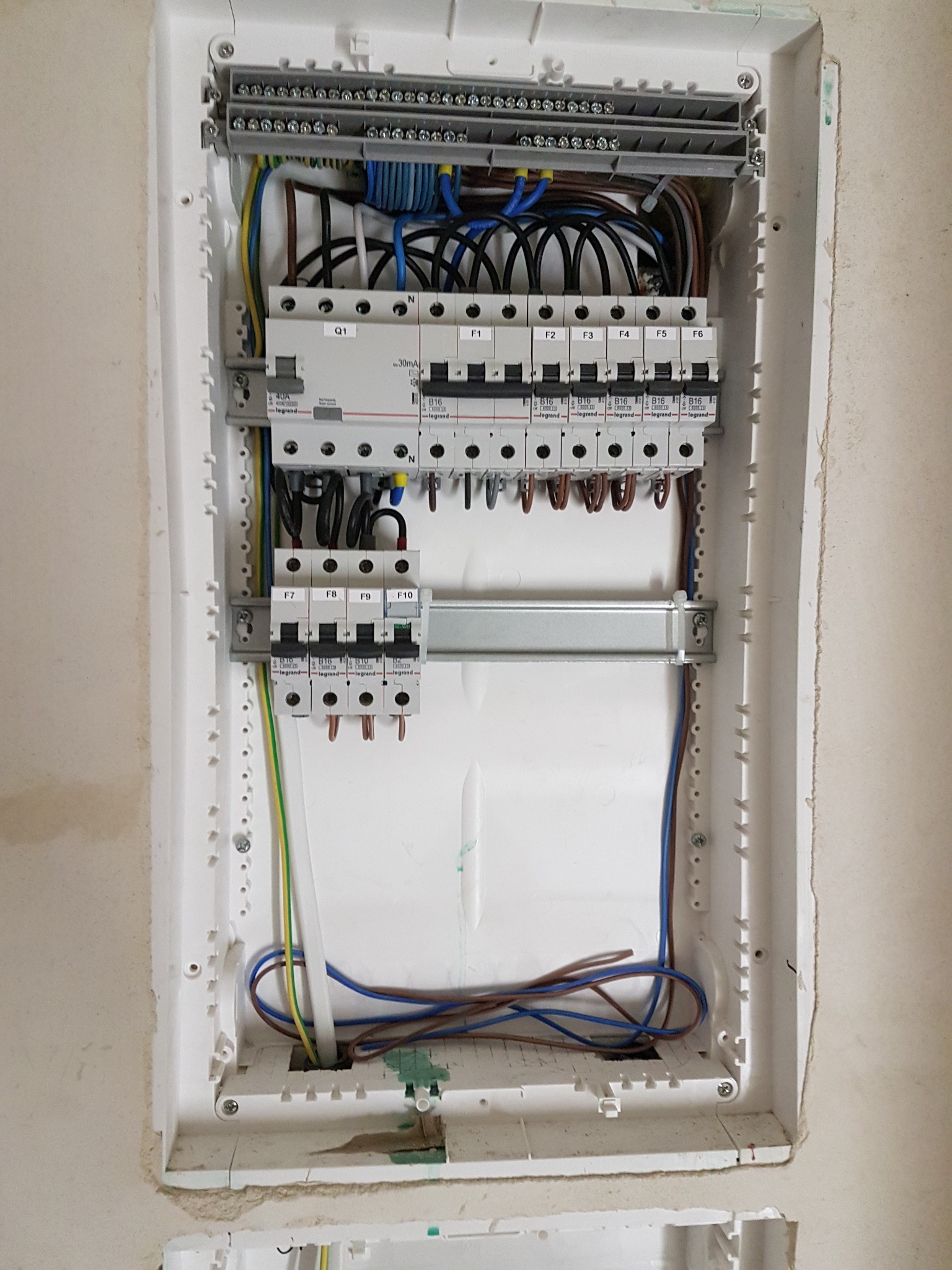 Rozdzielnica elektryczna w białej obudowie, widoczne liczne bezpieczniki Legrand, przewody w różnych kolorach oraz listwa zaciskowa, zamontowana w ścianie w trakcie prac wykończeniowych.