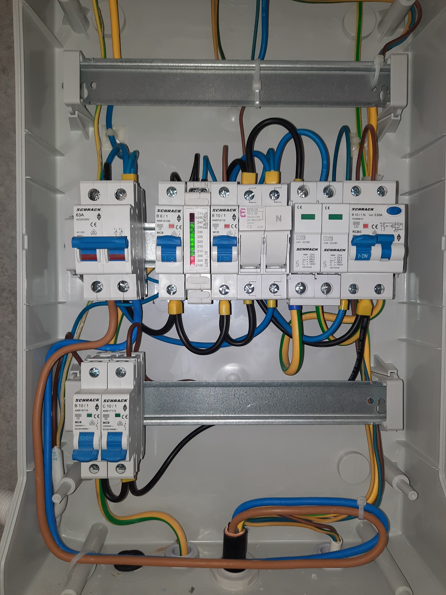 Rozdzielnica elektryczna z zainstalowanymi bezpiecznikami Schrack, widoczne przewody w kolorach niebieskim, brązowym, żółto-zielonym i czarnym, ułożone wewnątrz białej obudowy.