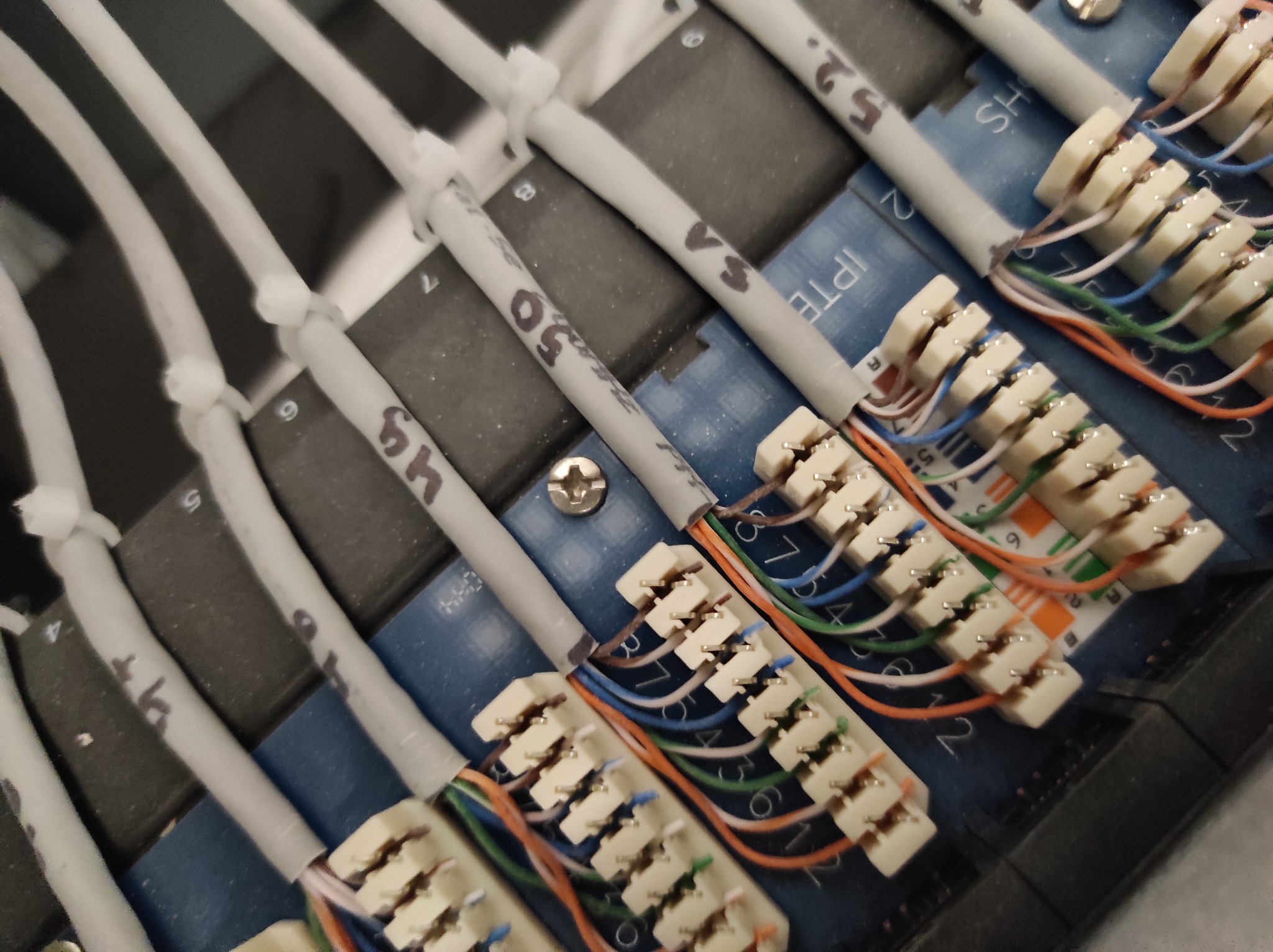 Szczegółowe ujęcie panelu krosowniczego z podłączonymi przewodami oznaczonymi cyframi, widoczne złącza RJ45 i uporządkowane okablowanie.