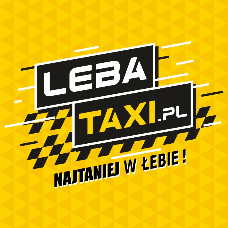 Grafika reklamowa Taxi Łeba z napisem 'Najtaniej w Łebie!' na żółtym tle z wzorem rombów.