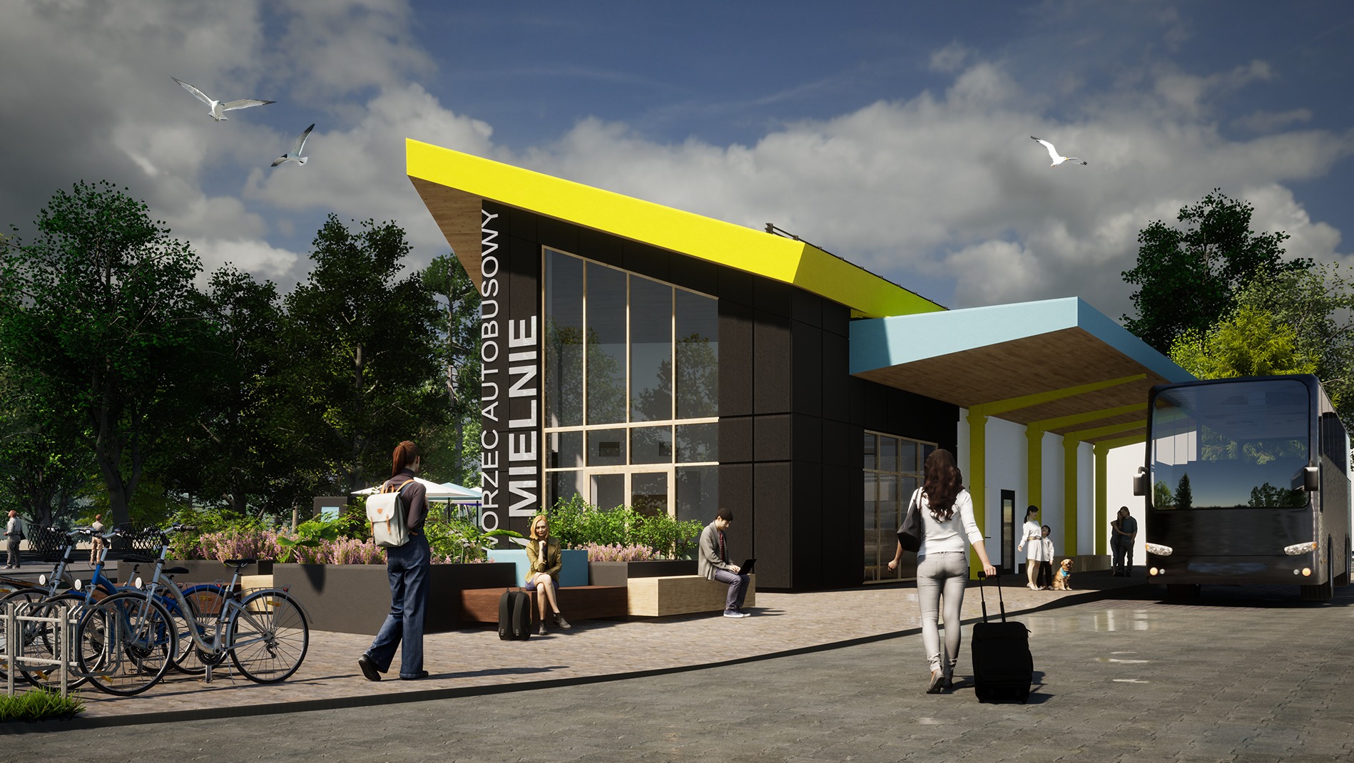 Wizualizacja nowoczesnego dworca autobusowego z elementami zieleni, rowerami i pasażerami oczekującymi na autobus w słoneczny dzień.