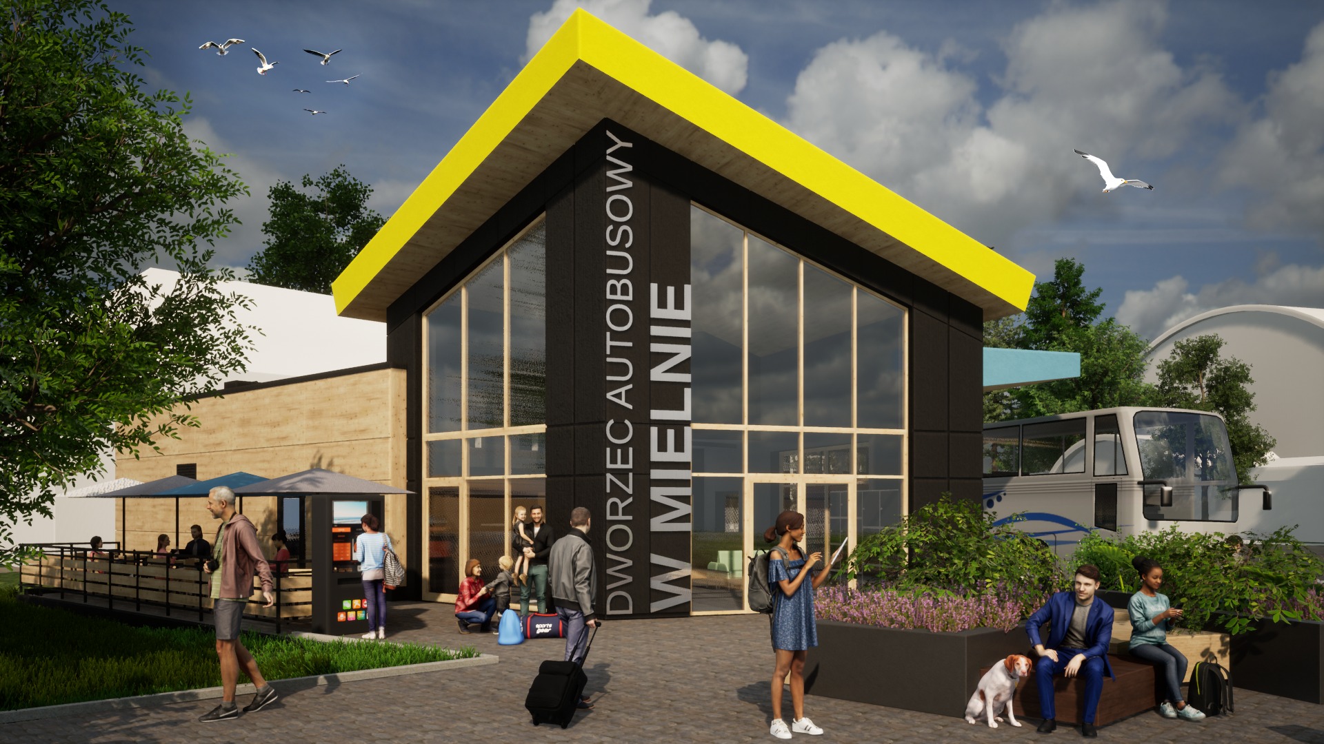 Wizualizacja projektu nowoczesnego dworca autobusowego z żółtym dachem, dużymi przeszkleniami i napisem 'Dworzec Autobusowy w Mielnie', z ludźmi i autobusem w tle.
