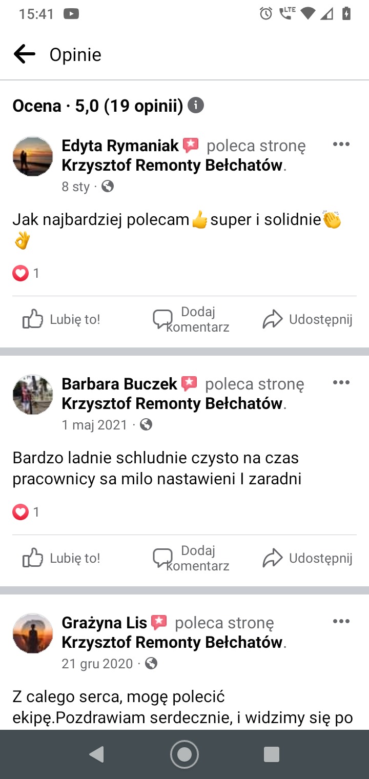 Zrzut ekranu z opiniami klientów na temat firmy remontowej Krzysztof Remonty Bełchatów, zawierający pozytywne komentarze Edyty Rymaniak, Barbary Buczek i Grażyny Lis.