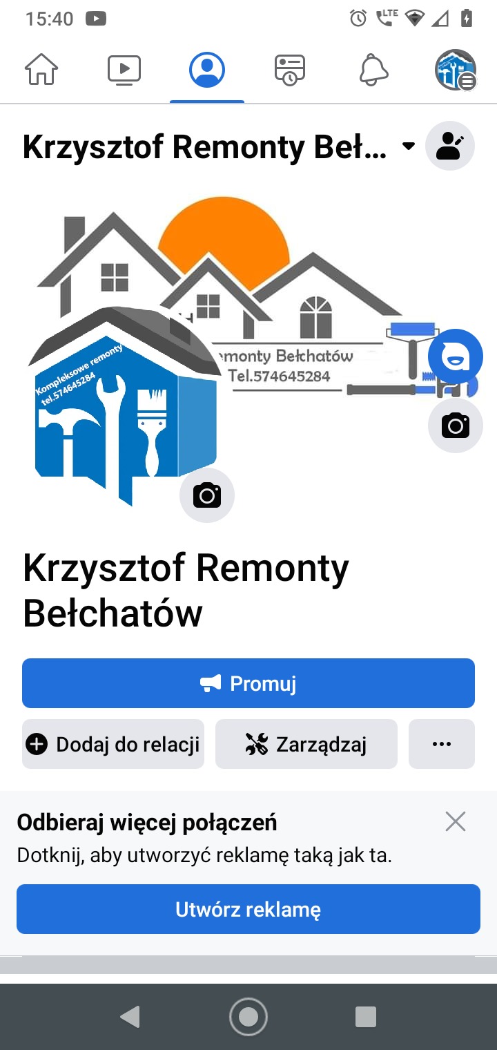 Logo firmy remontowej Krzysztof Remonty Bełchatów z ikonami narzędzi malarskich i budowlanych na tle stylizowanych domów i słońca.