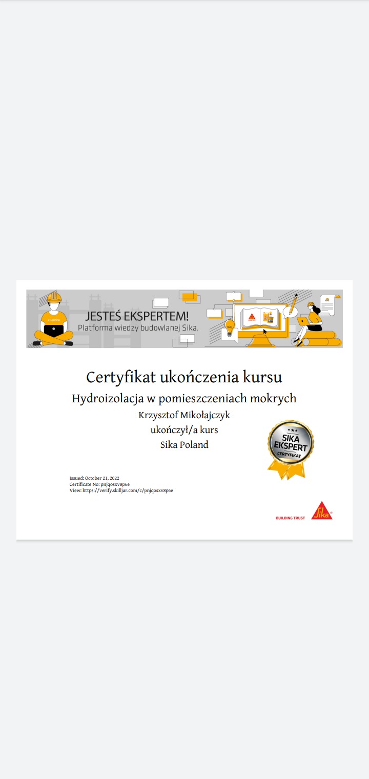 Certyfikat ukończenia kursu hydroizolacji w pomieszczeniach mokrych Krzysztofa Mikołajczyka, wydany przez Sika Poland, z logo Sika Ekspert.