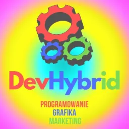 Logo firmy DevHybrid z trzema kolorowymi zębatkami, tekstem 'PROGRAMOWANIE GRAFIKA MARKETING' i gradientowym tłem w odcieniach żółci, różu i błękitu.