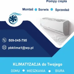 Grafika reklamowa firmy PB KLIMA Krzysztof Bielecki oferującej montaż, serwis i sprzedaż klimatyzacji i pomp ciepła, z widocznym modelem klimatyzatora LG Dual Inverter.