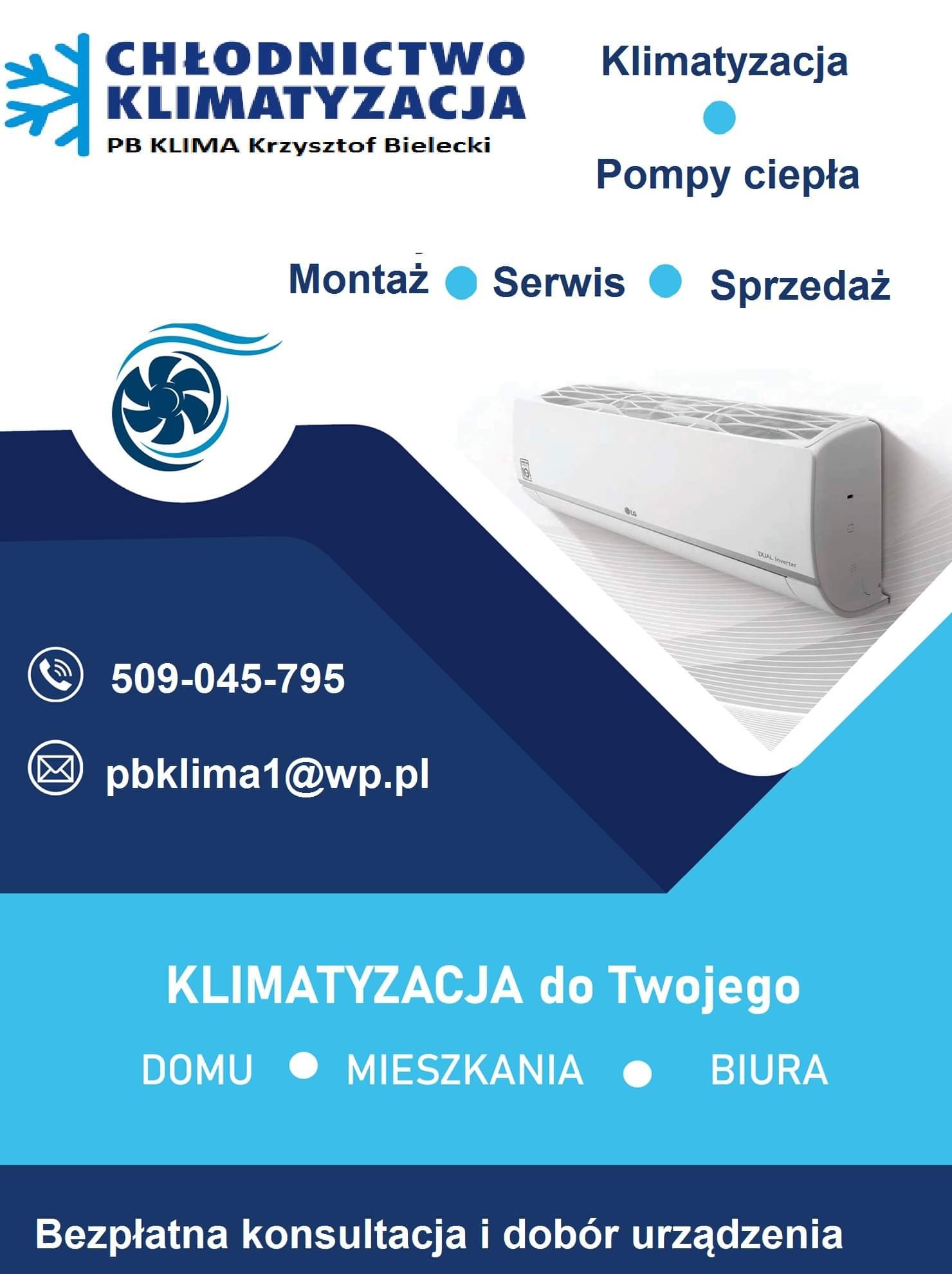 Grafika reklamowa firmy PB KLIMA Krzysztof Bielecki oferującej montaż, serwis i sprzedaż klimatyzacji i pomp ciepła, z widocznym modelem klimatyzatora LG Dual Inverter.