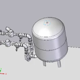 CAD model of a cylindrical water tank with complex piping connections, rendered in a simple gray and white color scheme, showcasing the design and layout of the plumbing system.