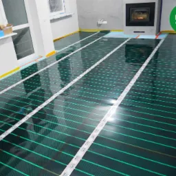 Montaż folii grzewczej pod wylewkę w nowym mieszkaniu w Warszawie, widoczne taśmy mocujące i przygotowane podłączenie elektryczne.