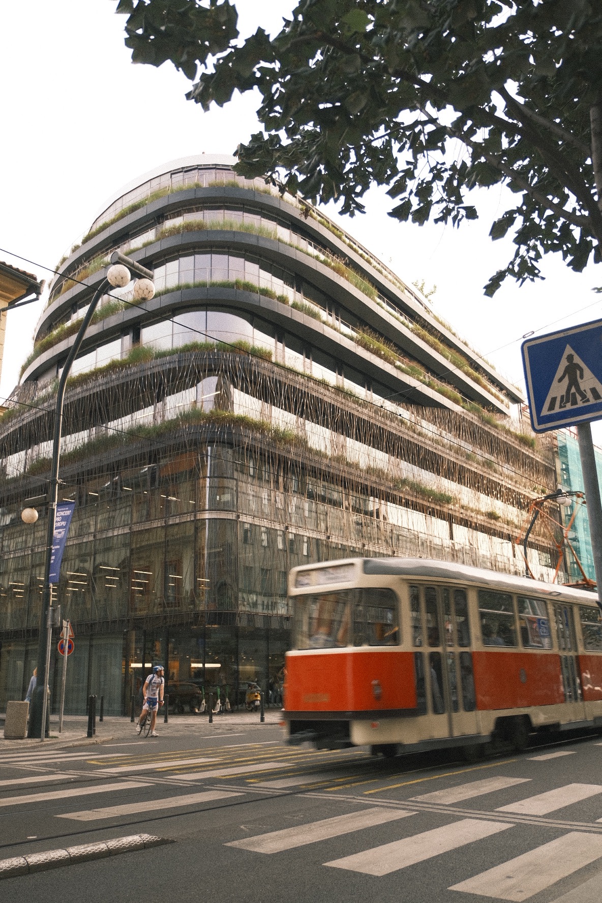 Nowoczesny budynek biurowy z zielonymi tarasami i tramwajem przejeżdżającym na pierwszym planie, rowerzysta na przejściu dla pieszych.