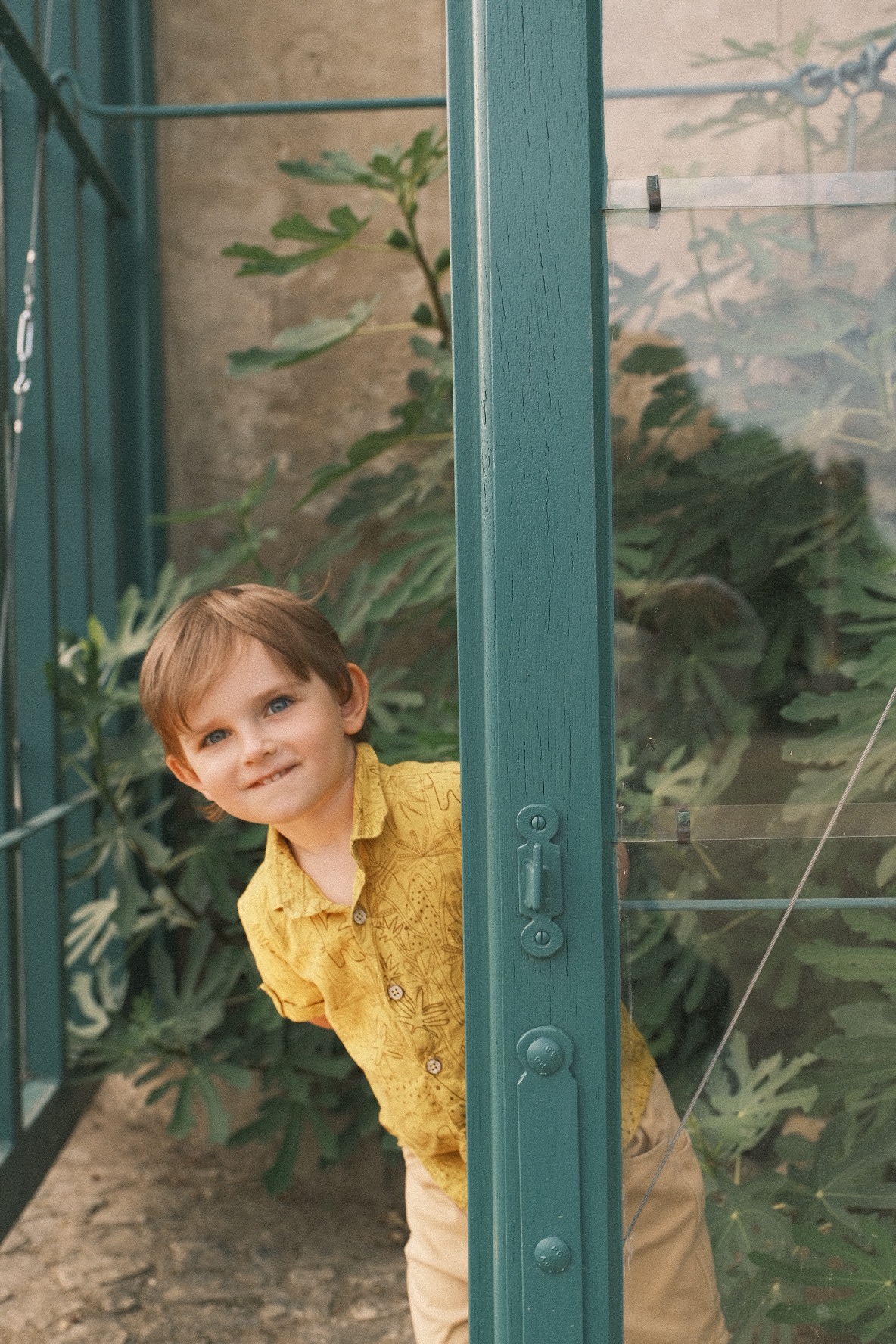 Uśmiechnięty chłopiec w żółtej koszuli z wzorem, wygląda zza pomalowanej na zielono ramy szklarni, w tle widoczne rośliny.