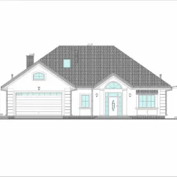 Elewacja frontowa parterowego domu jednorodzinnego z garażem, prezentująca projekt architektoniczny z detalami wykończeniowymi i oznaczeniami wysokości.