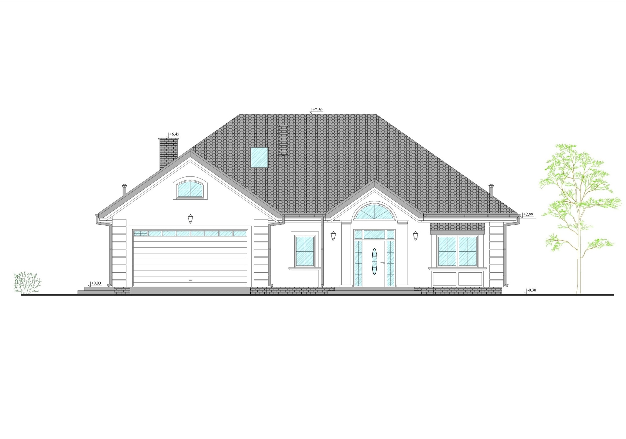 Elewacja frontowa parterowego domu jednorodzinnego z garażem, prezentująca projekt architektoniczny z detalami wykończeniowymi i oznaczeniami wysokości.