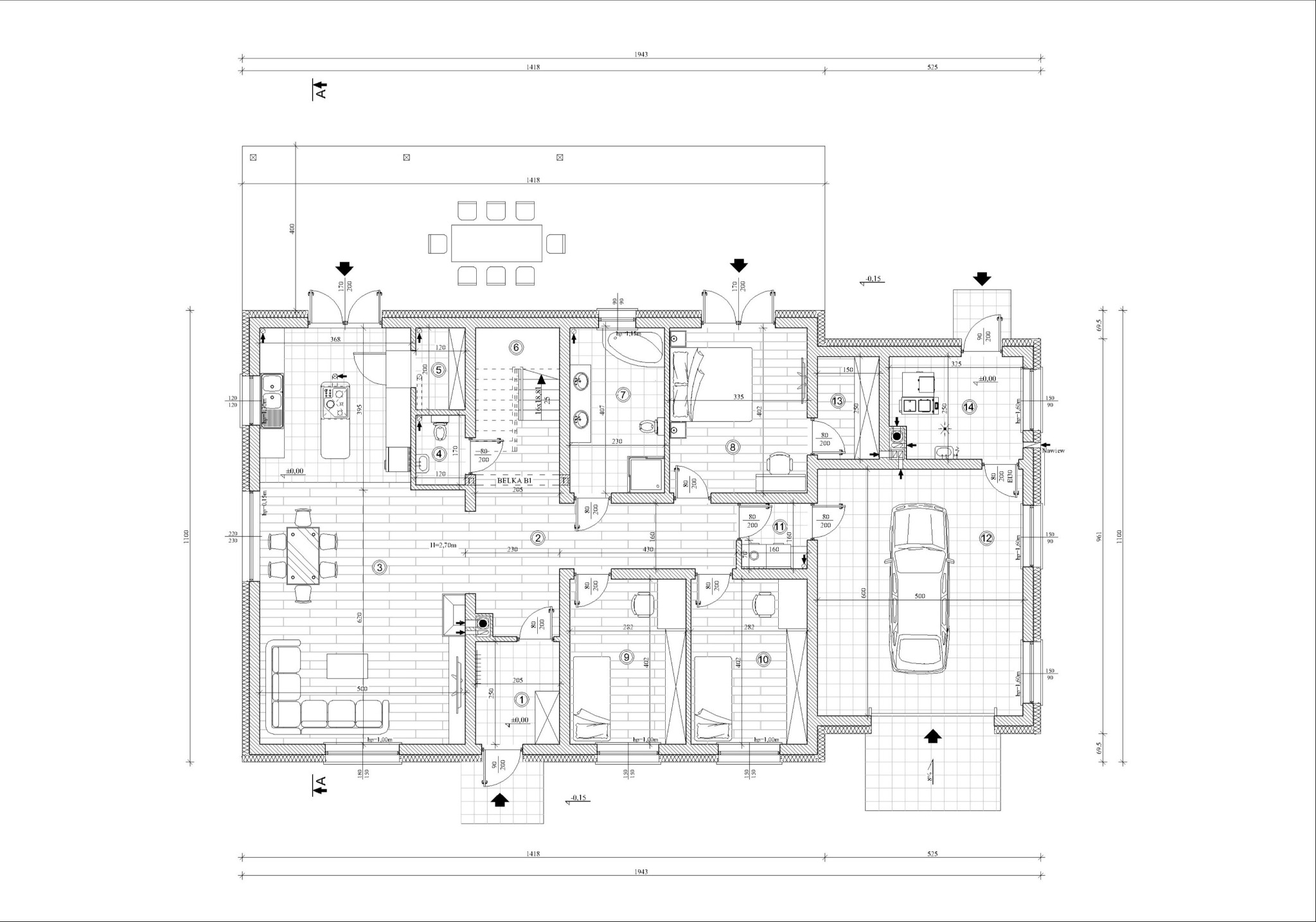 Rzut poziomy domu jednorodzinnego z garażem, prezentujący układ pomieszczeń, wymiary i wyposażenie, w formie czarno-białego rysunku technicznnego.