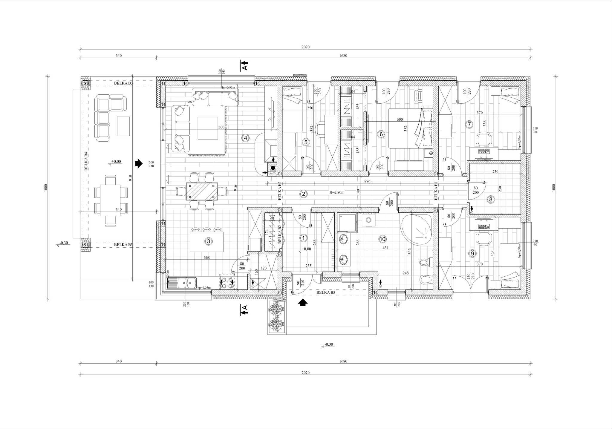 Rzut poziomy mieszkania z wymiarami, przedstawiający układ pomieszczeń, mebli i elementów wyposażenia, z uwzględnieniem grubości ścian i oznaczeń belek.