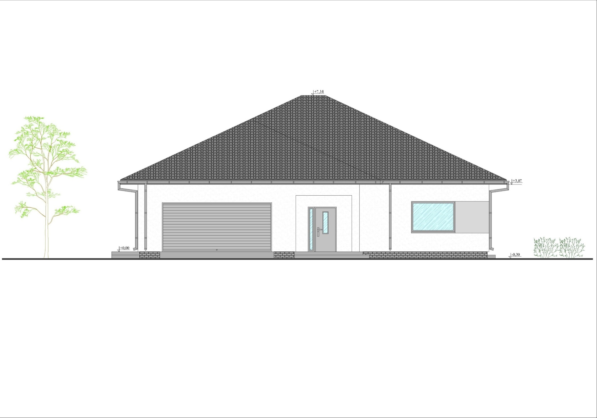 Projekt domu parterowego z garażem i szarym dachem, widok z boku z zaznaczonymi wysokościami terenu.