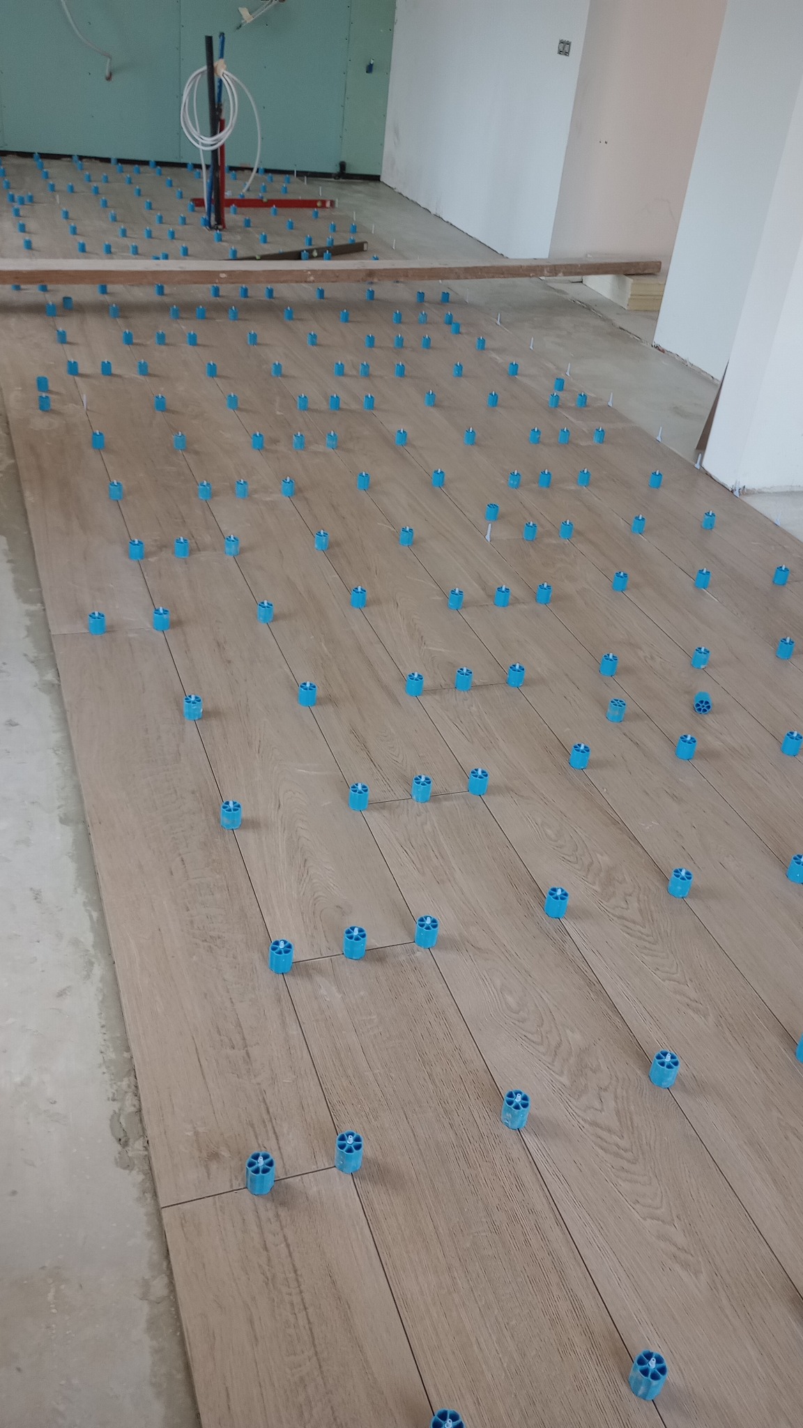 Układanie paneli podłogowych z użyciem niebieskich klipsów poziomujących, widoczna linia fugi i fragment ściany pokrytej płytą kartonowo-gipsową.