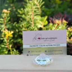 Wizytówka mobilnego salonu kosmetycznego 'Ania od malowania Anna Cioch' umieszczona na podstawce w kształcie diamentu na drewnianej powierzchni, z zielonym, rozmyty tłem roślinnym.