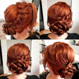 Kolaż czterech ujęć rudych włosów upiętych w kok z warkoczem, widok z tyłu, w tle jasne wnętrze salonu.