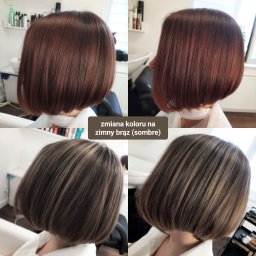 Studio Kamuflażu - kameralny fryzjer damski we Wrocławiu - Zmiana koloru włosów na chłodny brąz (sombre) na krótkim bobie. Widoczne efekty przed i po koloryzacji w salonie fryzjerskim, z bliska.