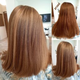 Studio Kamuflażu - kameralny fryzjer damski we Wrocławiu - Włosy po koloryzacji z refleksami, widok z tyłu. Na kolażu ujęcie 'przed' z ciemniejszym odcieniem. Włosy do ramion, proste, w odcieniach blondu i brązu.