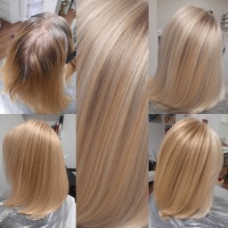 Studio Kamuflażu - kameralny fryzjer damski we Wrocławiu - Kolaż: odrosty przed koloryzacją, zbliżenie na blond włosy po farbowaniu, efekt końcowy - świeży blond na krótkich włosach, widok z różnych stron.