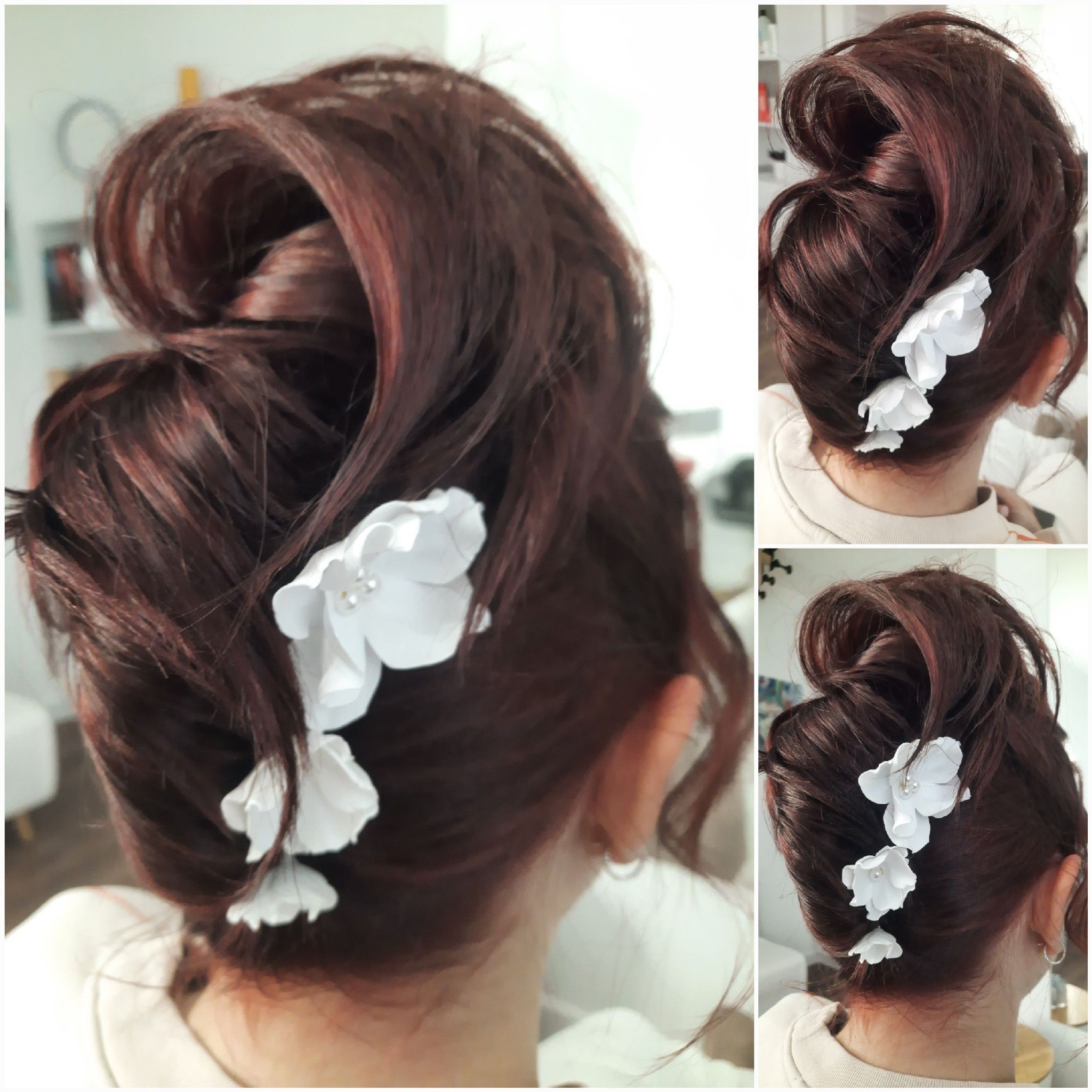 Upięcie włosów w kok z wpiętymi białymi kwiatami z perłami, widok z tyłu. Ciemne włosy z refleksami. Kolaż z trzech ujęć fryzury.