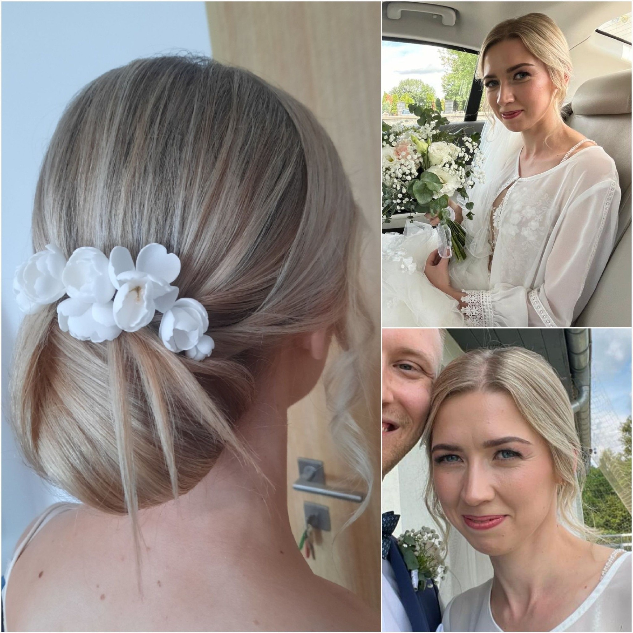 Upięcie ślubne z kwiatami we włosach blond, widok z tyłu. Dodatkowo w kolażu panna młoda z bukietem i z partnerem. Usługa wykonana we Wrocławiu.
