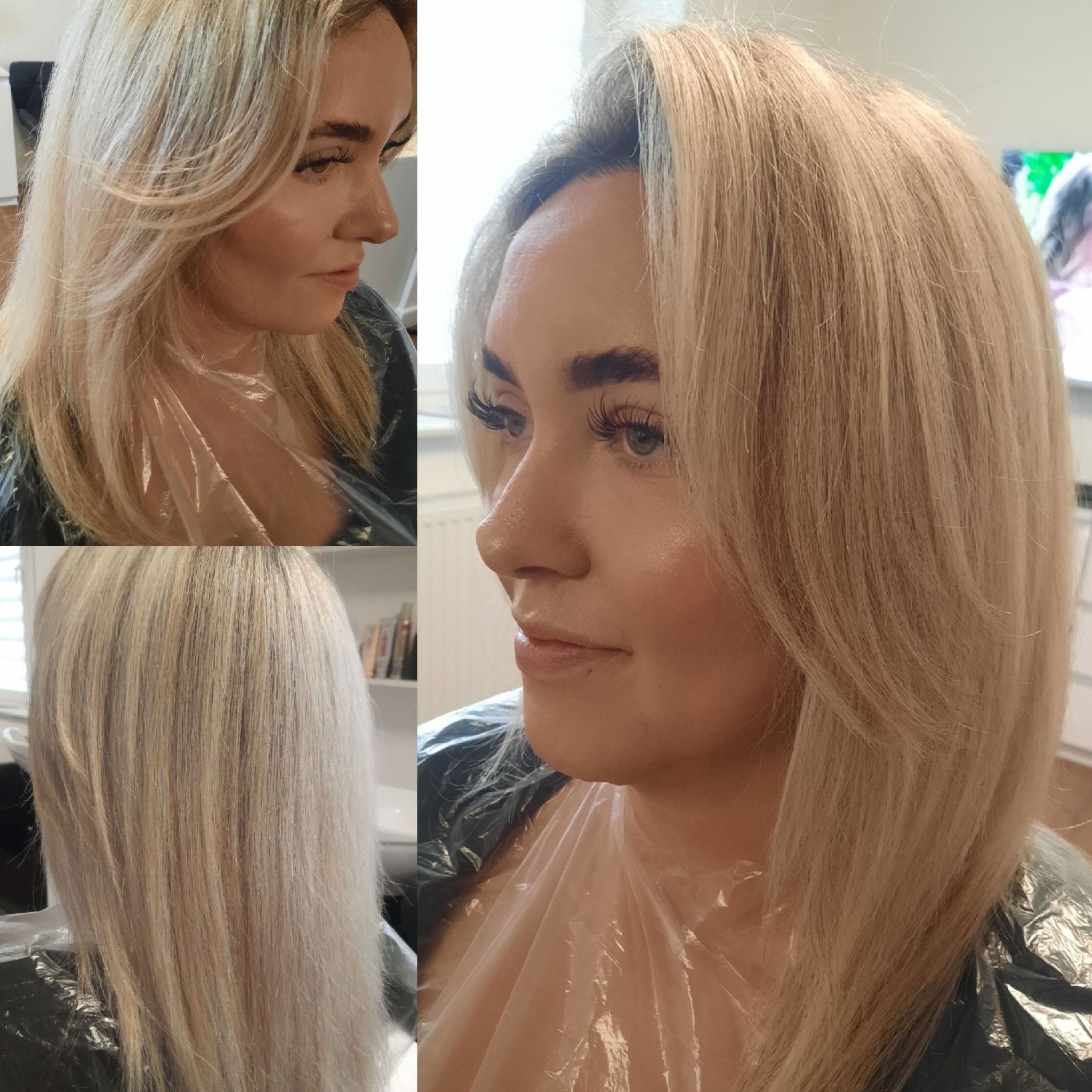 Blond włosy po koloryzacji, widok z profilu i z tyłu. Delikatny makijaż, świeży odcień blondu. Włosy do ramion, lekko pocieniowane.