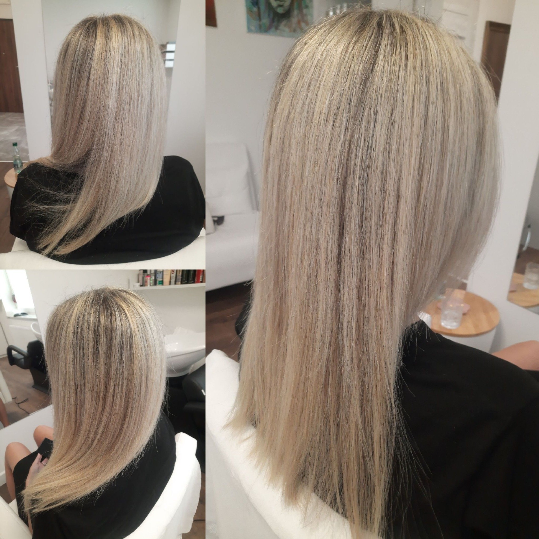 Blond włosy po koloryzacji w salonie, widok z tyłu. Trzy ujęcia prezentują odcień i strukturę włosów. W tle widoczne wyposażenie salonu.