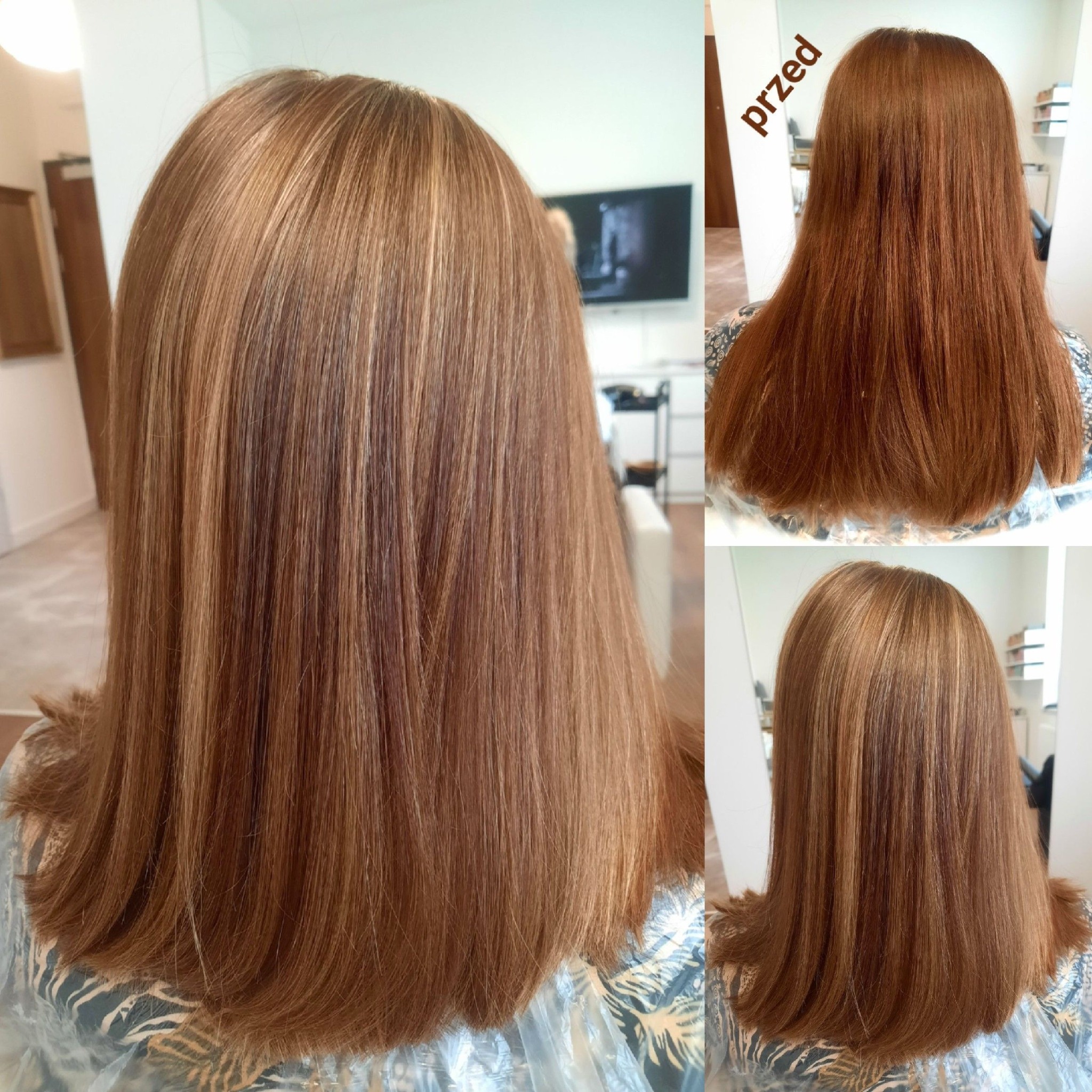 Włosy po koloryzacji z refleksami, widok z tyłu. Na kolażu ujęcie 'przed' z ciemniejszym odcieniem. Włosy do ramion, proste, w odcieniach blondu i brązu.