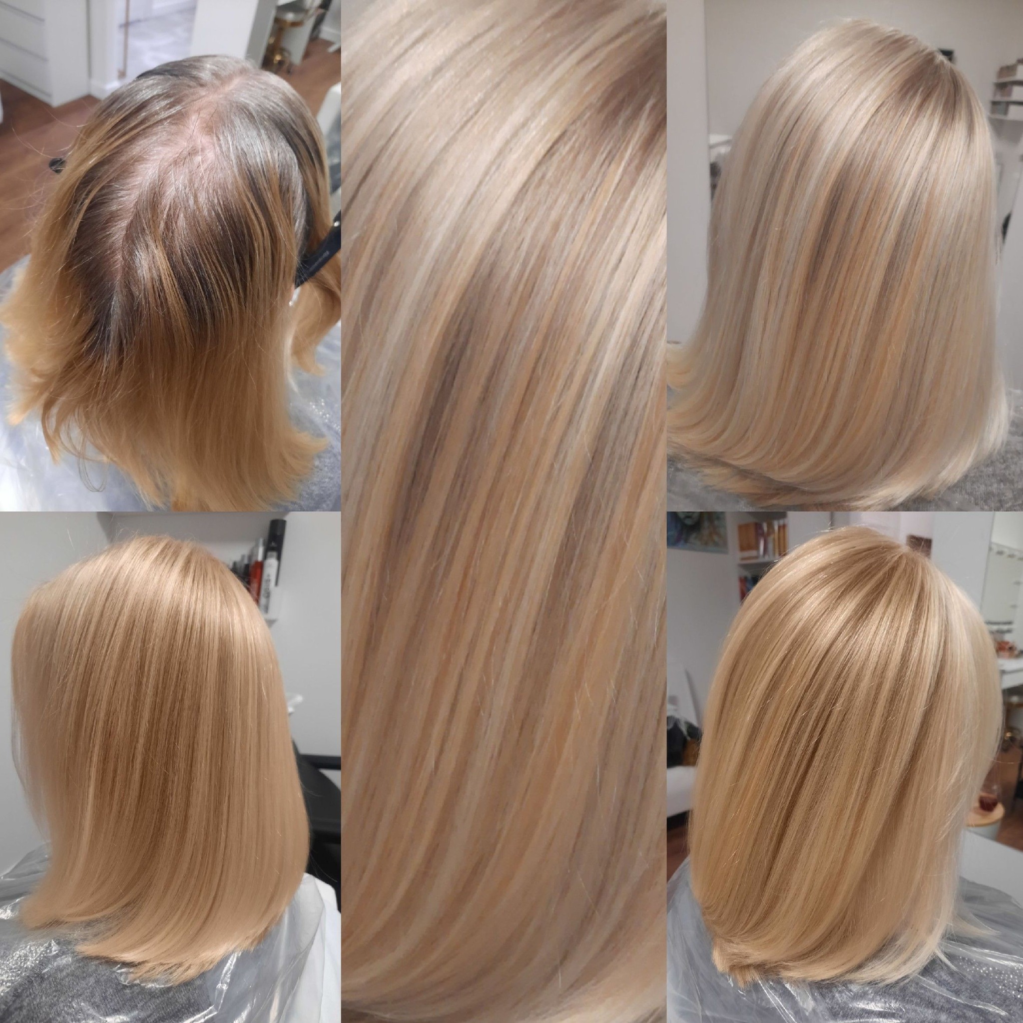 Kolaż: odrosty przed koloryzacją, zbliżenie na blond włosy po farbowaniu, efekt końcowy - świeży blond na krótkich włosach, widok z różnych stron.