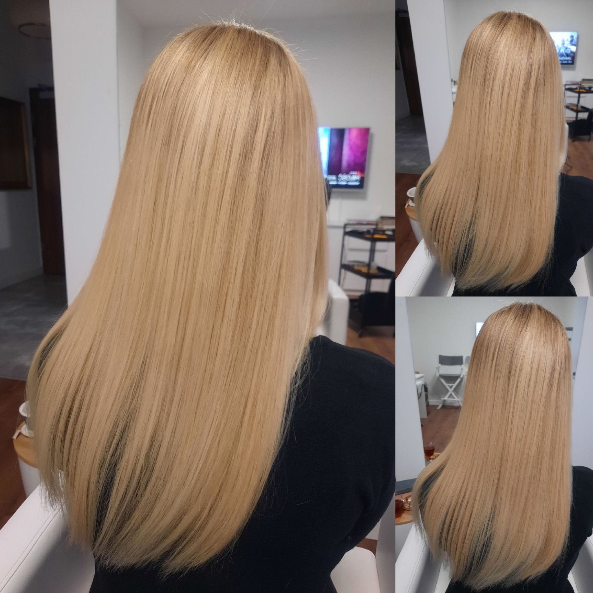 Blond, proste włosy po koloryzacji, widoczne z tyłu w trzech ujęciach. Jednolity odcień, gładka tekstura, końcówki delikatnie podwinięte. W tle salon.