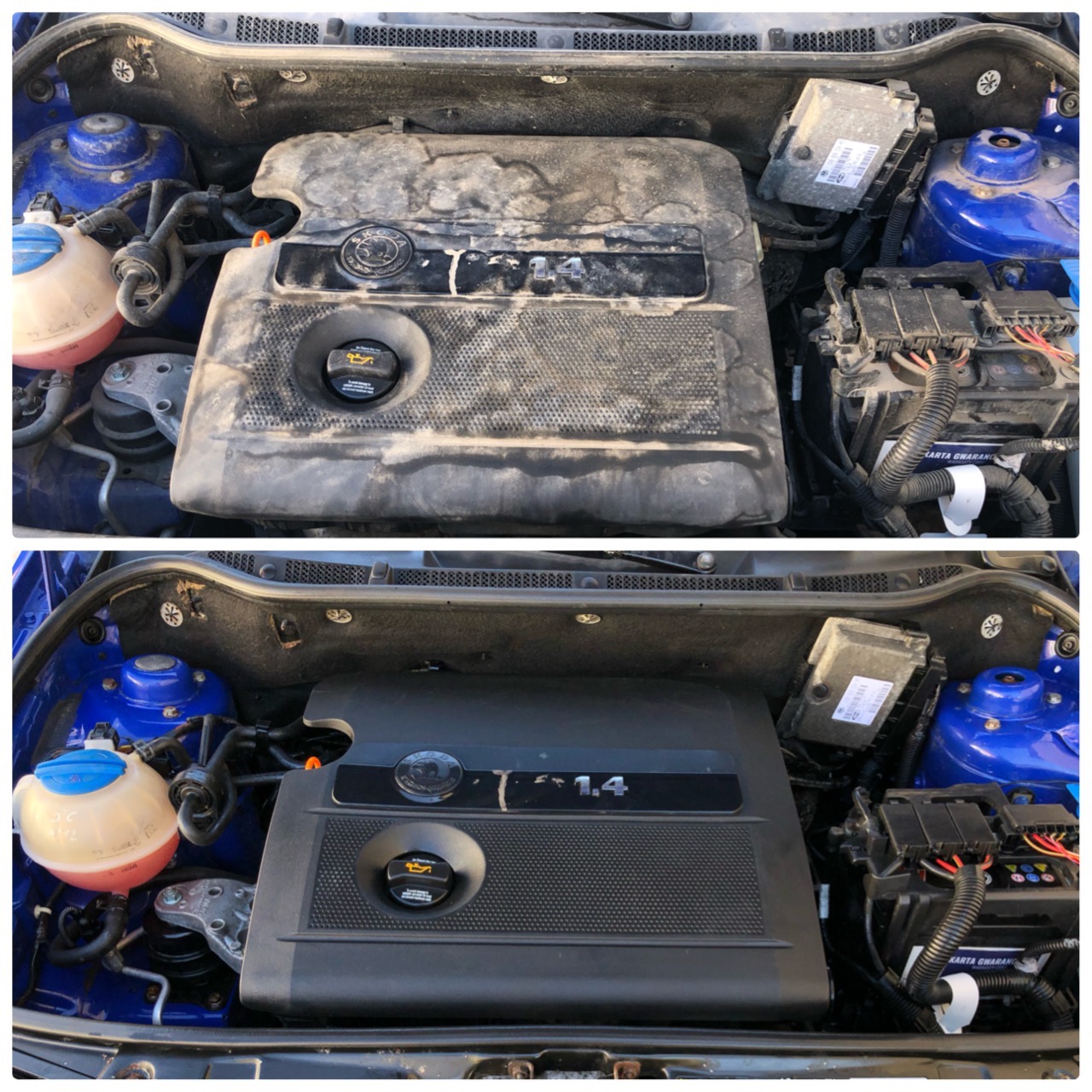 Silnik samochodowy przed i po czyszczeniu, widoczne różnice w wyglądzie pokrywy silnika i ogólnym stanie czystości komory silnika, niebieskie elementy zawieszenia.