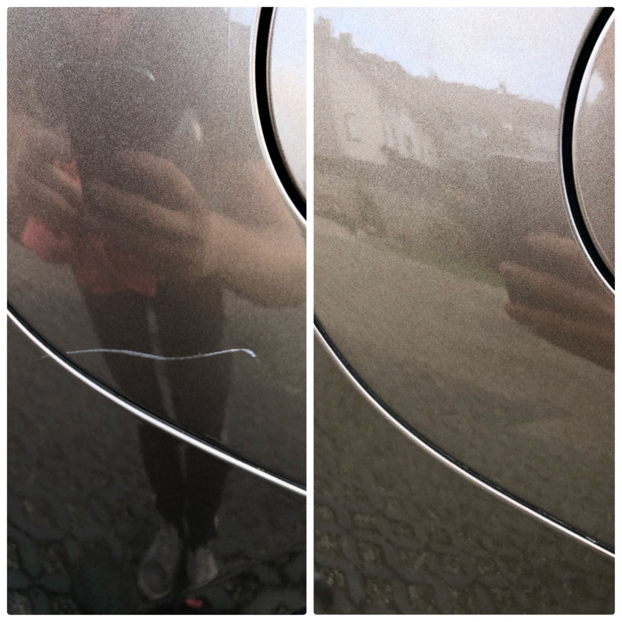 Porównanie stanu lakieru samochodu przed i po usunięciu rysy. Po lewej widoczna długa, biała rysa na brązowym lakierze, po prawej - lakier po naprawie, bez rysy.