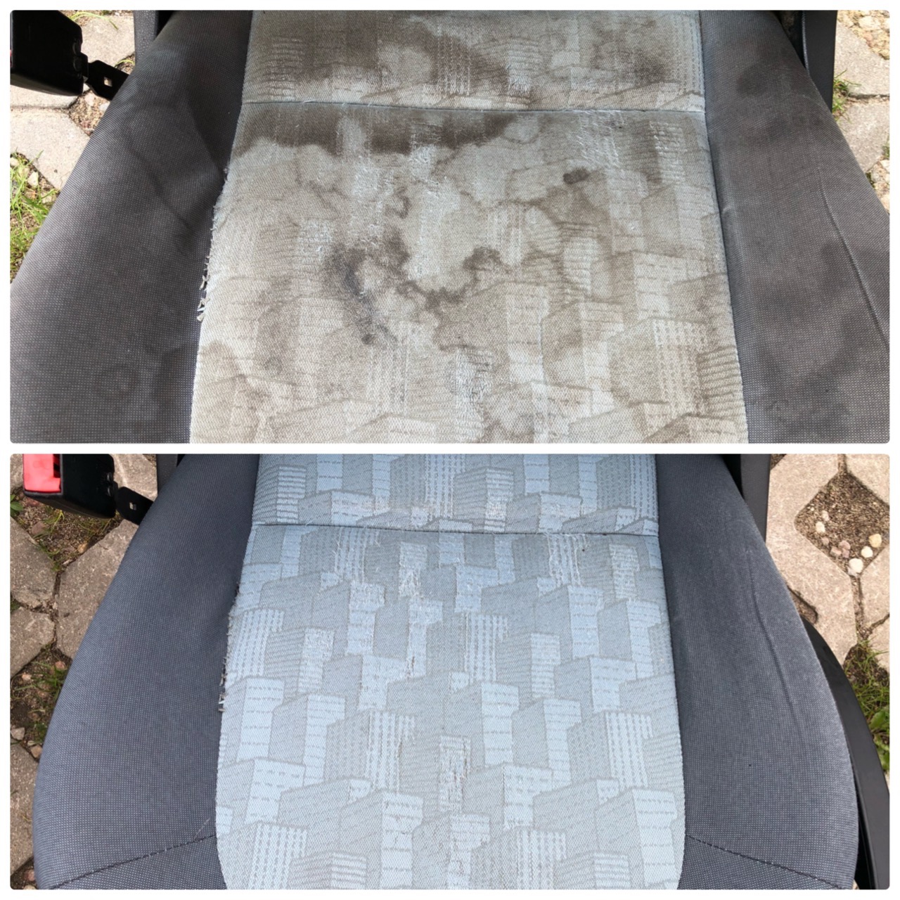 Porównanie: Fotel samochodowy z tapicerką w geometryczny wzór przed i po czyszczeniu, widoczne wyraźne usunięcie zabrudzeń i plam.