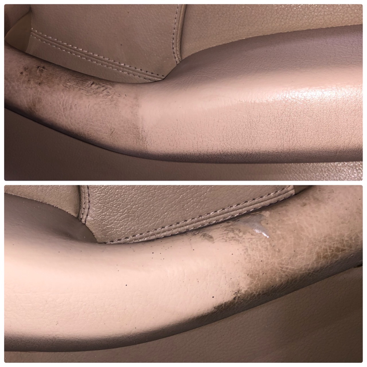 Porównanie stanu podłokietnika samochodowego przed i po czyszczeniu, widoczne wyraźne różnice w kolorze i czystości powierzchni.