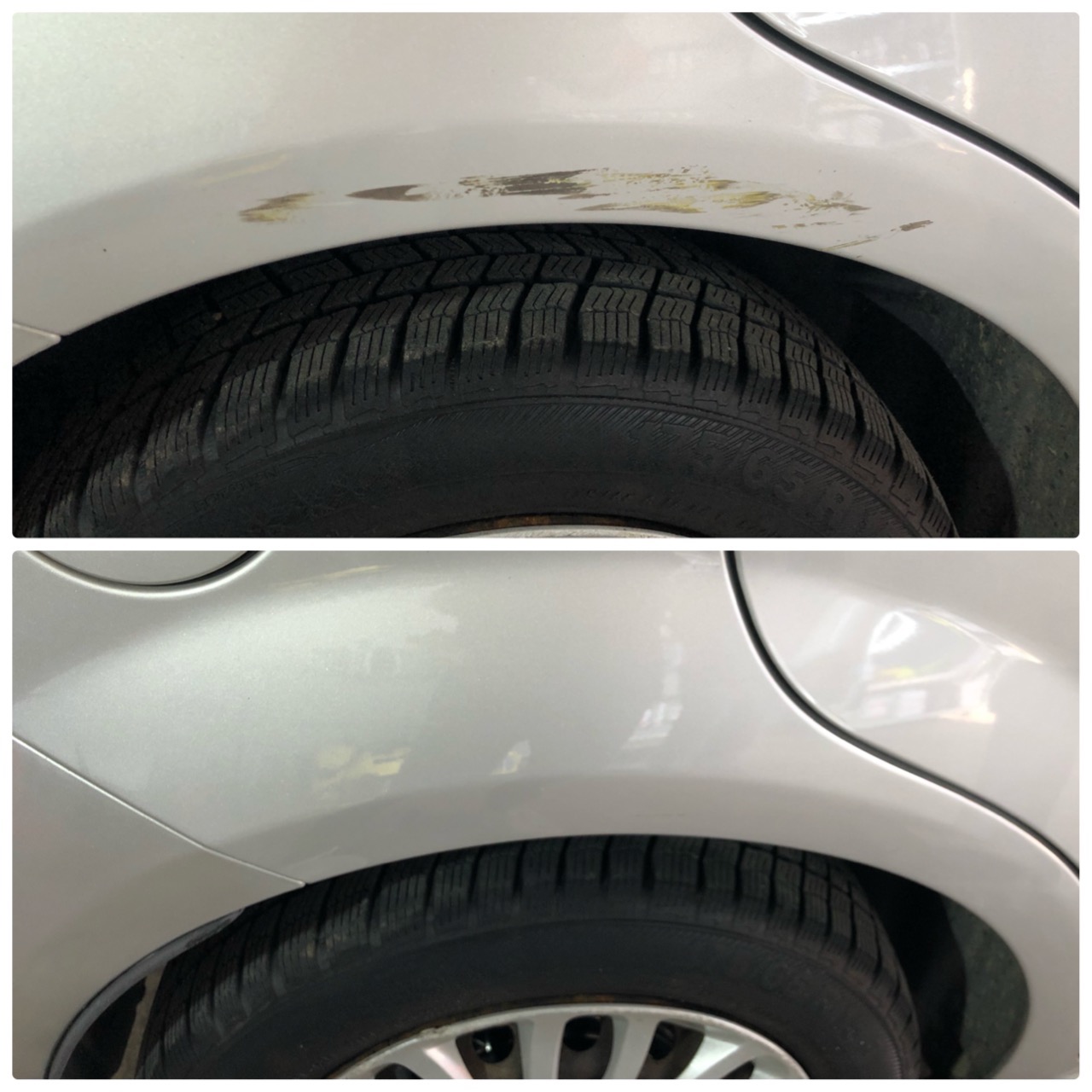 Porównanie stanu nadkola srebrnego samochodu przed i po naprawie: zarysowania i odpryski lakieru widoczne przed, gładka powierzchnia po renowacji.