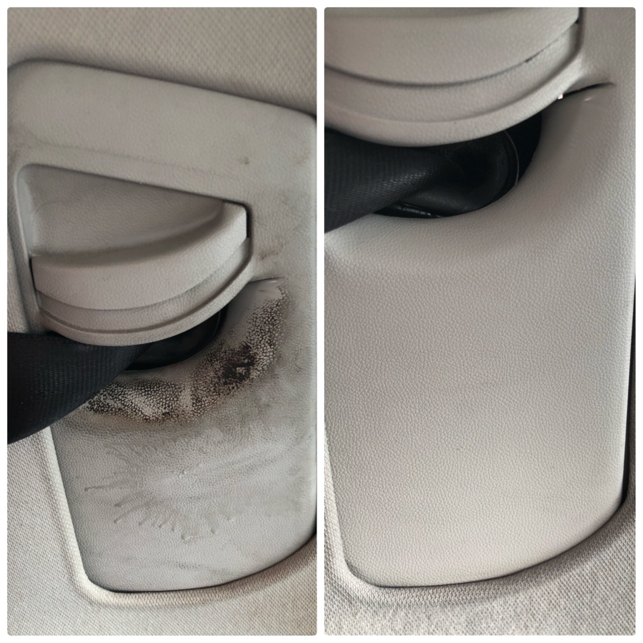 Porównanie: zanieczyszczona tapicerka podsufitki samochodu (po lewej) i efekt po czyszczeniu (po prawej), widoczny pas bezpieczeństwa.
