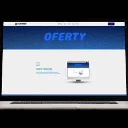 Laptop wyświetla stronę internetową z nagłówkiem 'Oferty' i sekcją promującą strony wizytówki, z dodatkowym monitorem prezentującym tę samą stronę.