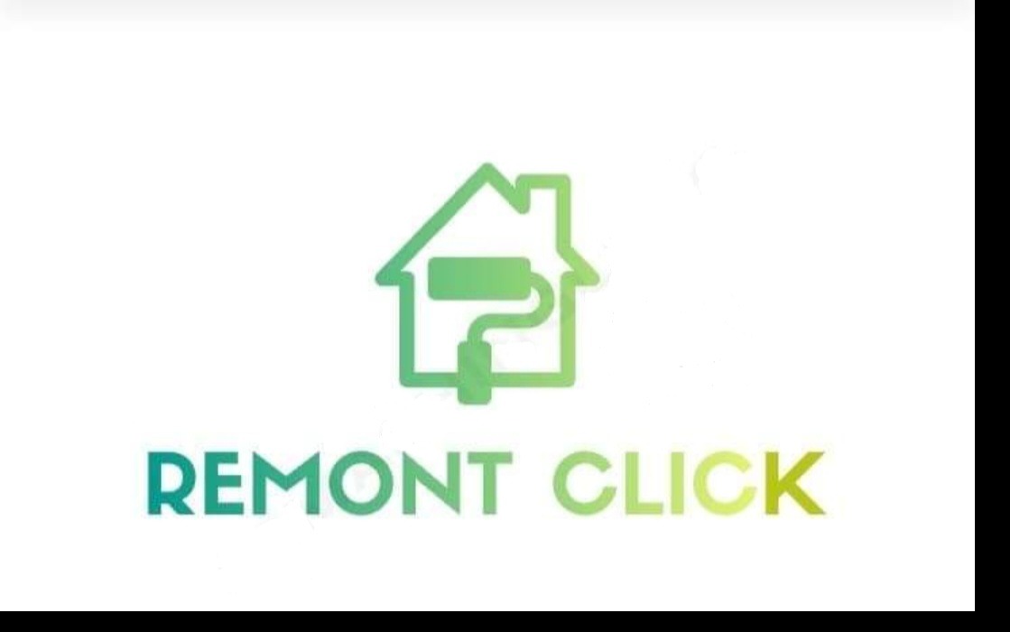 Logo firmy remontowej: zielony obrys domu z wałkiem do malowania w środku, napis 'REMONT CLICK' w odcieniach zieleni i żółci.