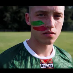 Młody mężczyzna z pomalowaną twarzą w barwach zieleni i czerwieni, ubrany w sportową koszulkę z logo, na tle zielonego boiska.